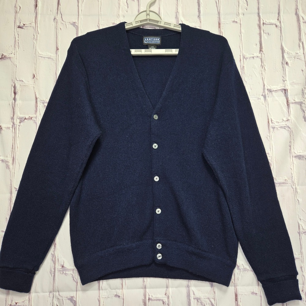 Vintage Jantzen Classics Men Navy Blue Button Front V-Neck Cardigan Sweater Sz L
